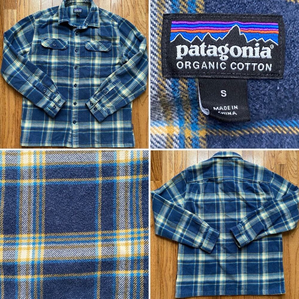 Patagonia $89 Organic Cotton Flannel Shirt Blue / Yellow Plaid Small EUC